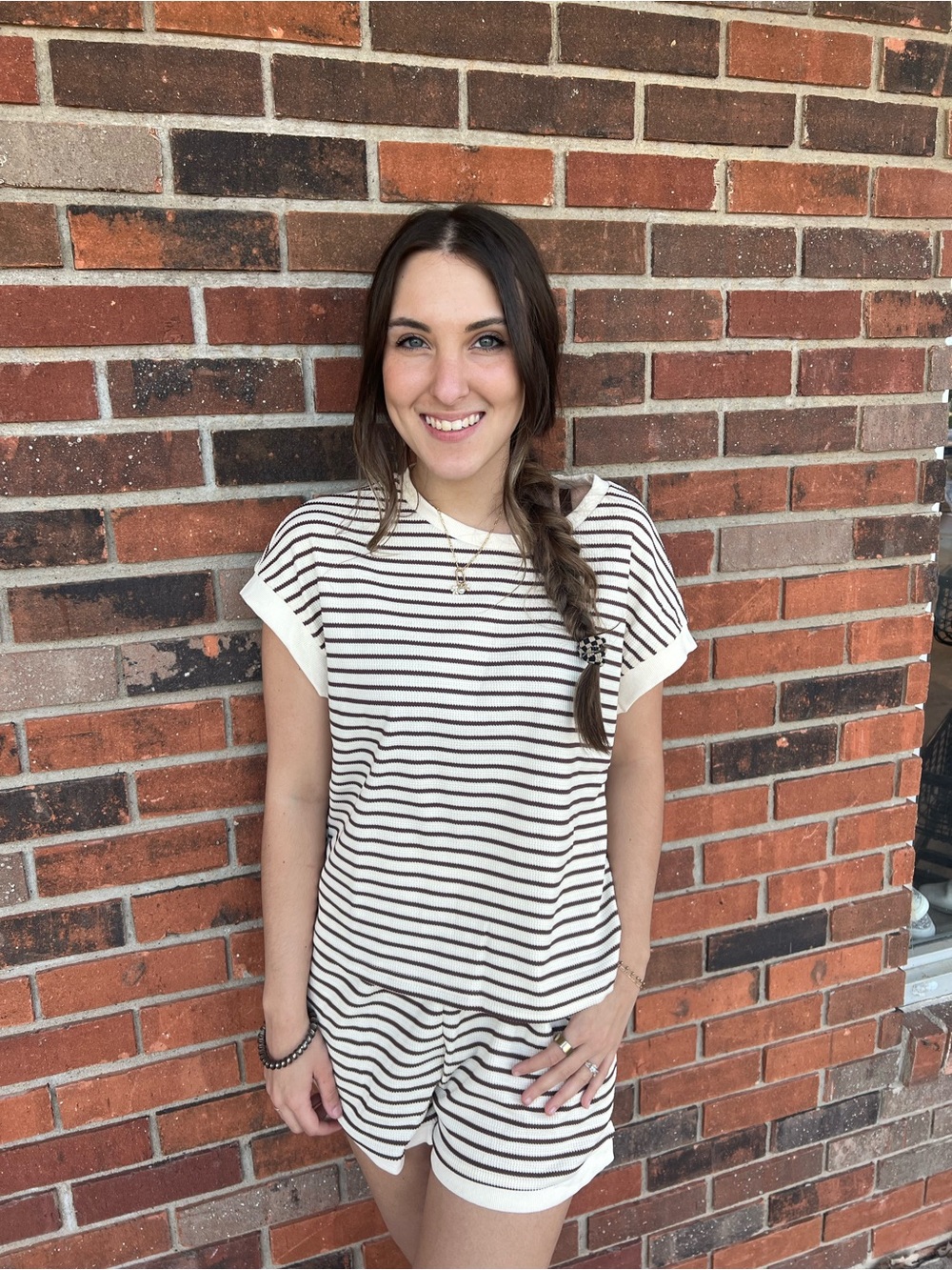 2 Piece Set Striped Short Sleeve Tee - Cream & Brown and Shorts